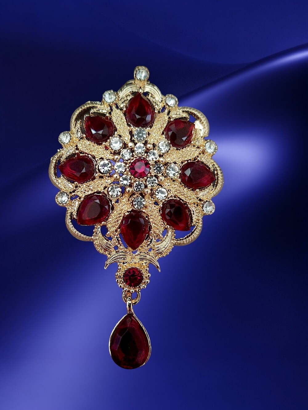 Red Rhinestone Floral Drop Brooch